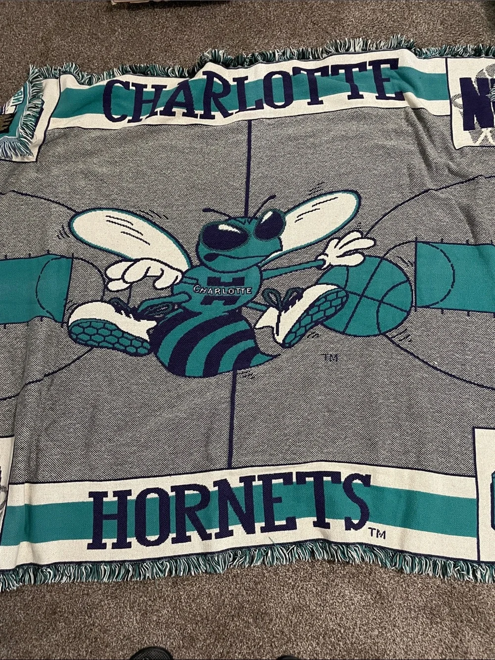 Vintage 90s Charlotte Hornets Throw Blanket - Teal, Navy, White